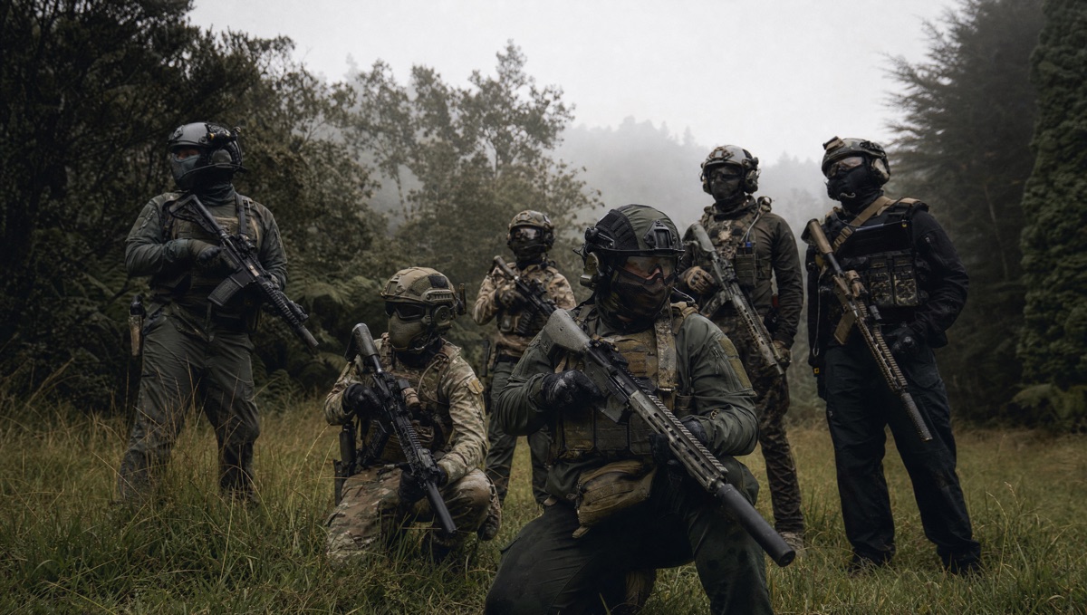 A group of New Zealand airsoft players in tactical loadouts standing in a misty clearing beside native bush