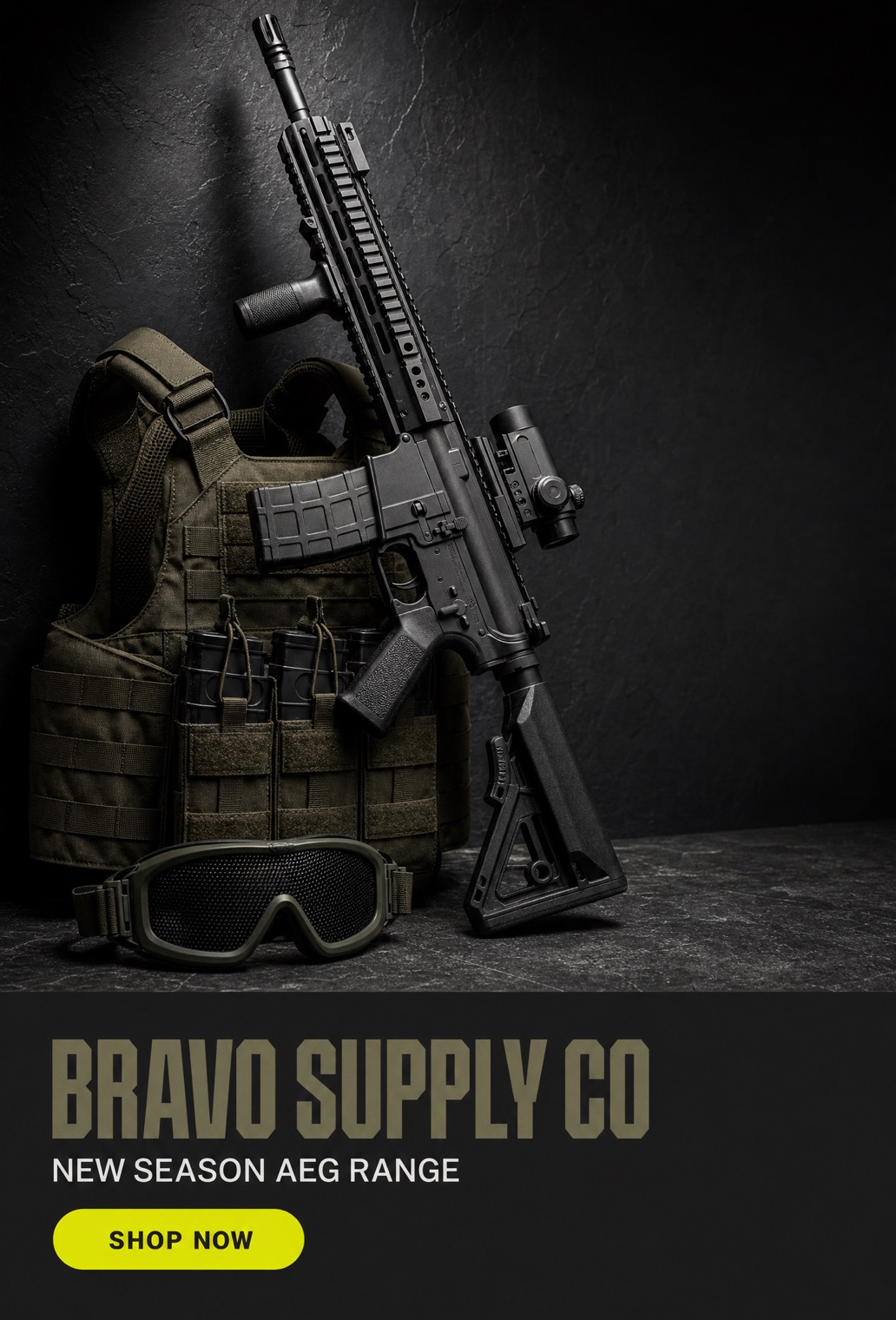 Example portrait TradeSoft ad creative for a fictional retailer, showing an airsoft rifle and plate carrier above the brand name and a Shop Now button