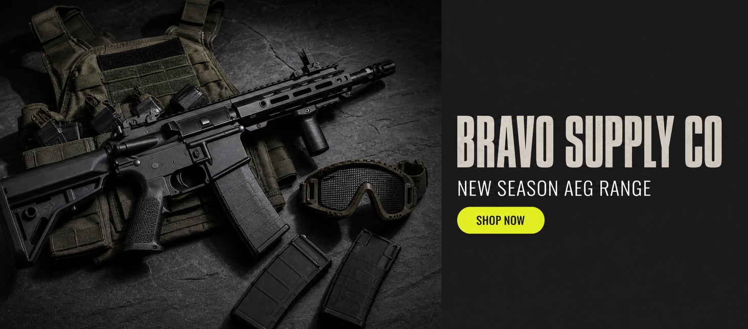 Example landscape TradeSoft ad creative for a fictional retailer, showing an airsoft rifle and gear beside the brand name and a Shop Now button