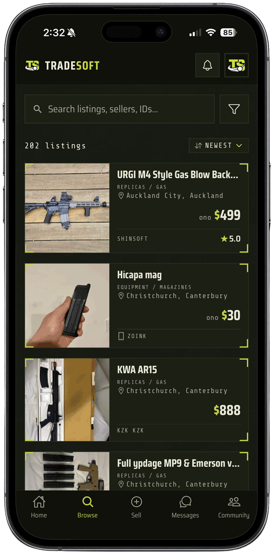 Browsing airsoft listings by category on a phone