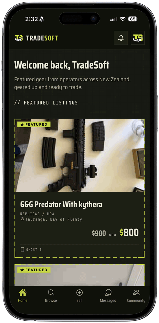The TradeSoft home feed on a phone