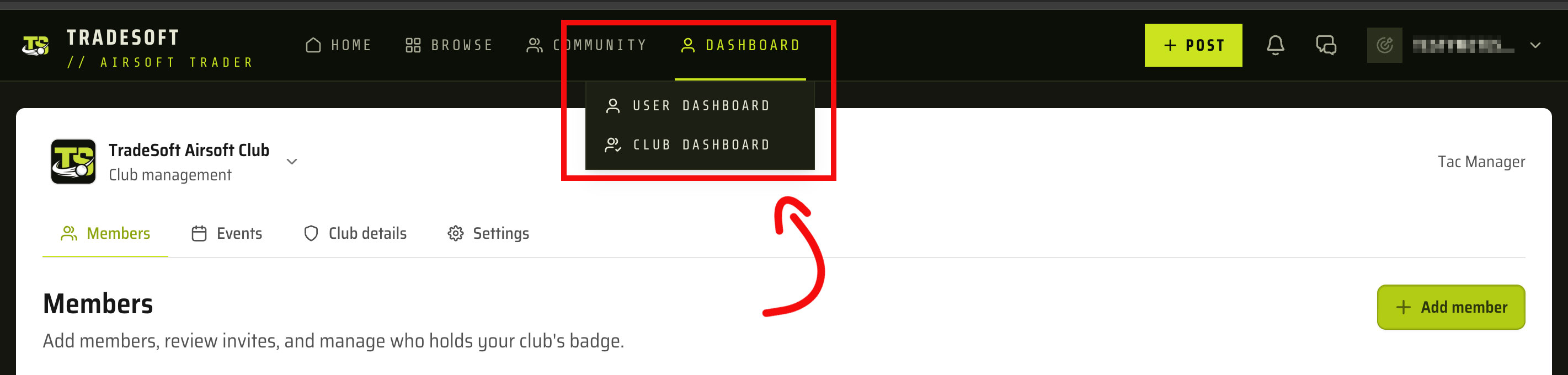 The TradeSoft web app top navigation with the Dashboard menu open, showing User dashboard and Club dashboard options above the club management area with its Members, Events, Club details and Settings tabs