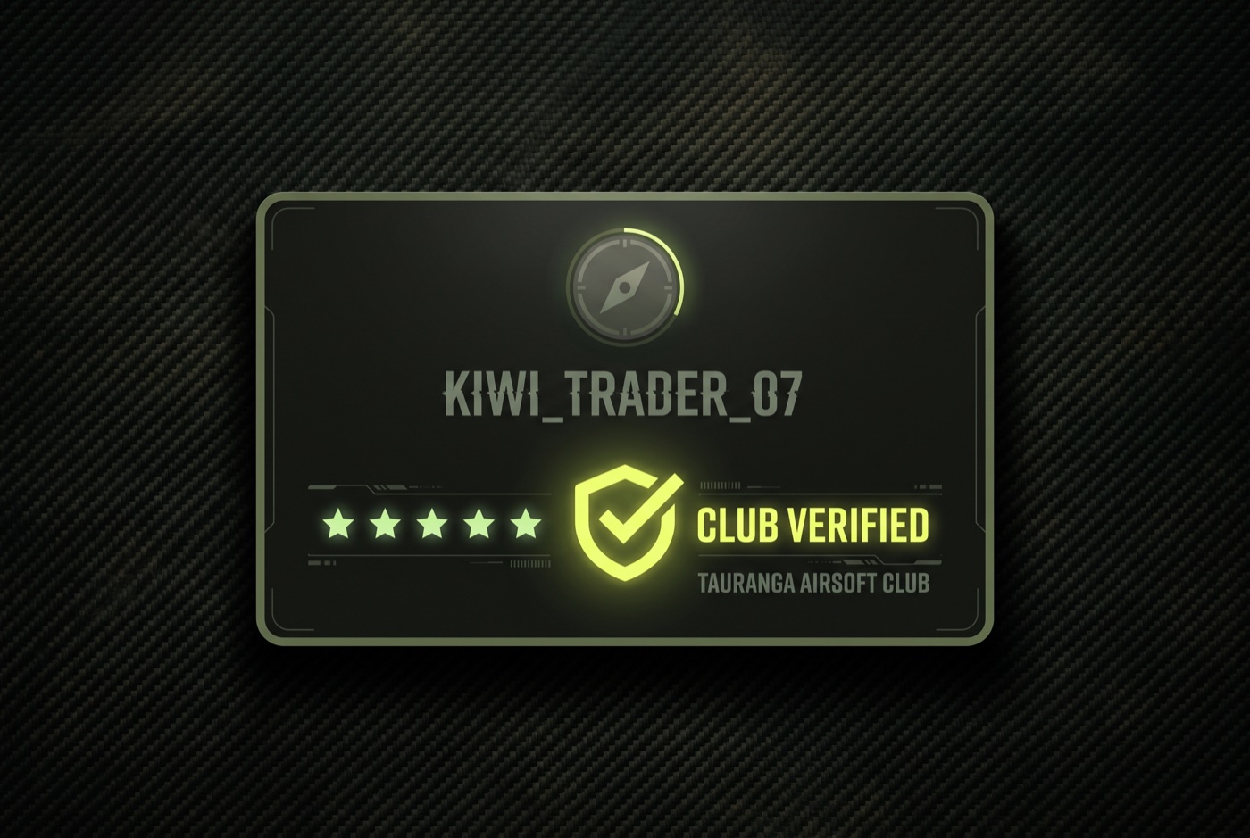 A trader profile card showing a lime Club Verified badge and the club name Tauranga Airsoft Club