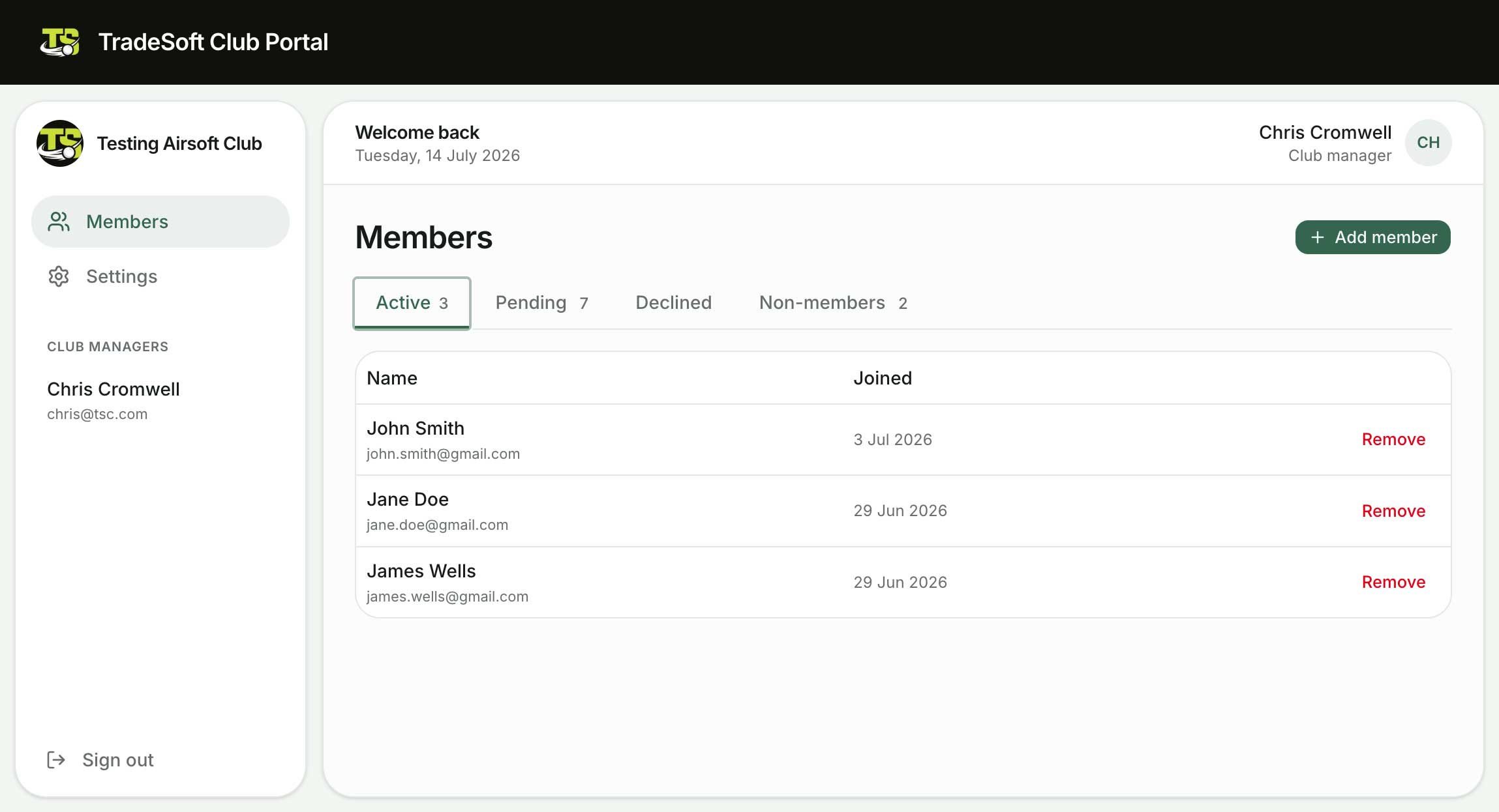 The TradeSoft club manager dashboard, showing a club's member list with invite, accepted and Club Verified statuses