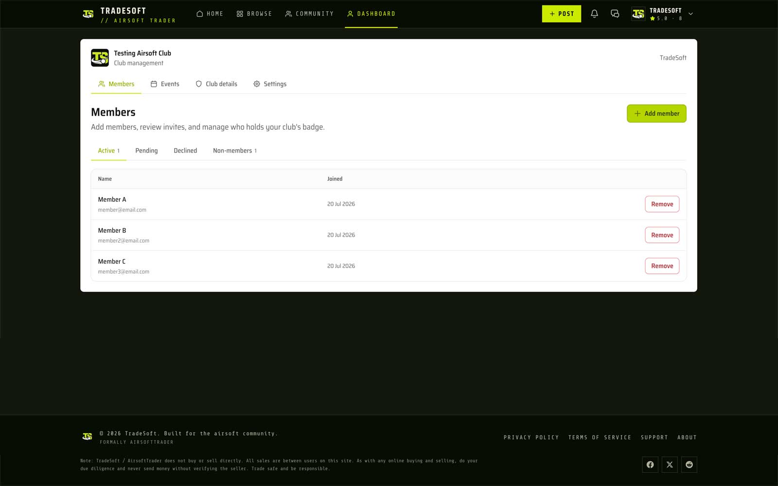 The TradeSoft club dashboard open on the Members tab, showing tabs for Members, Events, Club details and Settings, an Add member button, and a list of club members with Active, Pending, Declined and Non-members filters