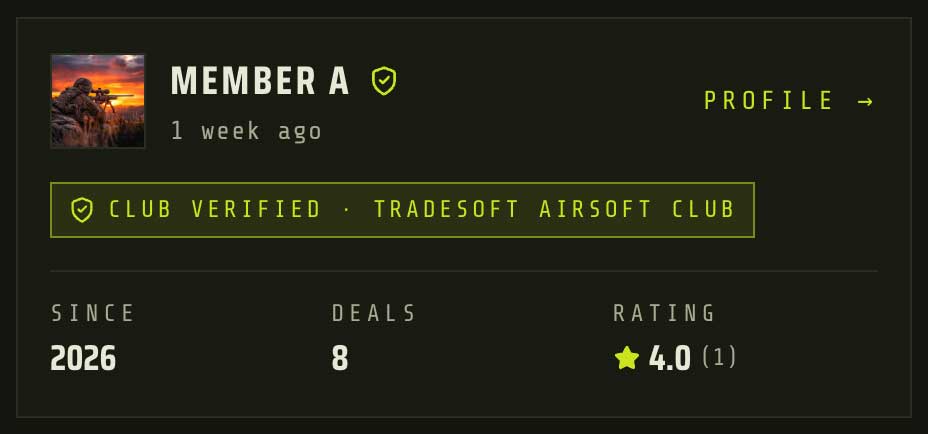 The seller panel on a TradeSoft listing, showing a lime Club Verified badge naming the member's club alongside their join year, completed deals and star rating