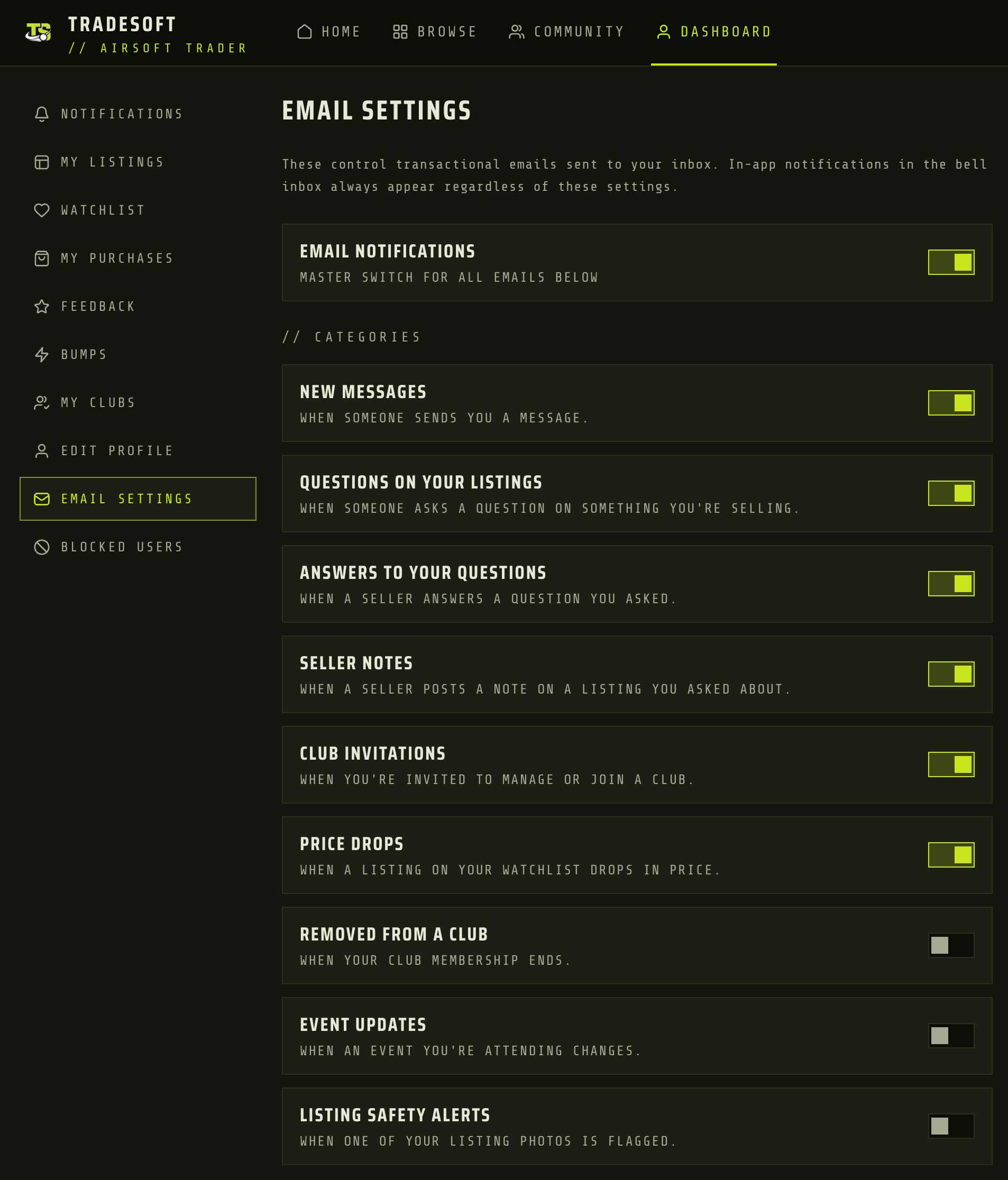 The Email settings page in the TradeSoft web app dashboard, showing a master switch and individual toggles for new messages, questions on your listings, answers to your questions, seller notes, club invitations, price drops, removed from a club, event updates and listing safety alerts
