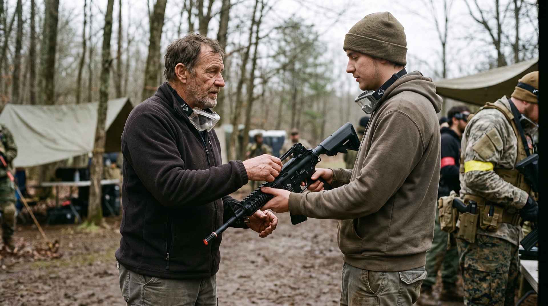 Younger airsoft player being handed a rifle by an older player at a field staging area