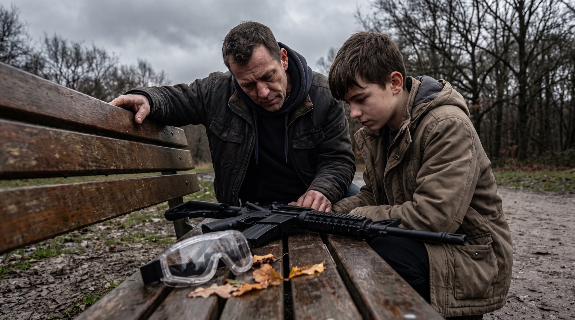 An adult and a teenager looking at an airsoft replica together on an outdoor bench