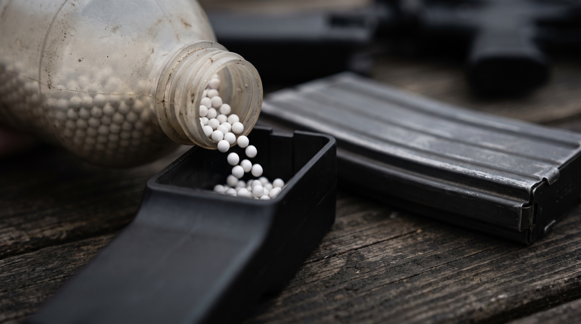 White airsoft BBs pouring from a bottle into a speed loader beside a rifle magazine