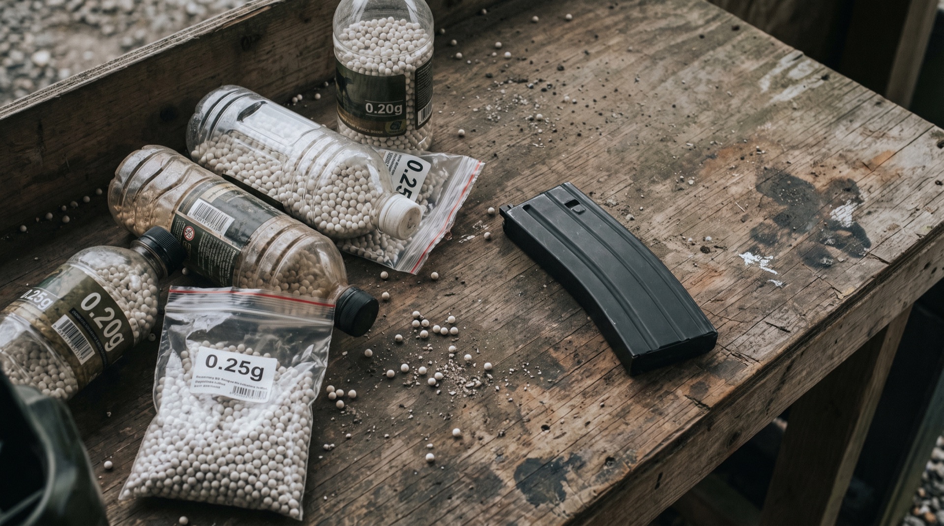 Several bottles and bags of airsoft BBs of different weights beside a rifle magazine