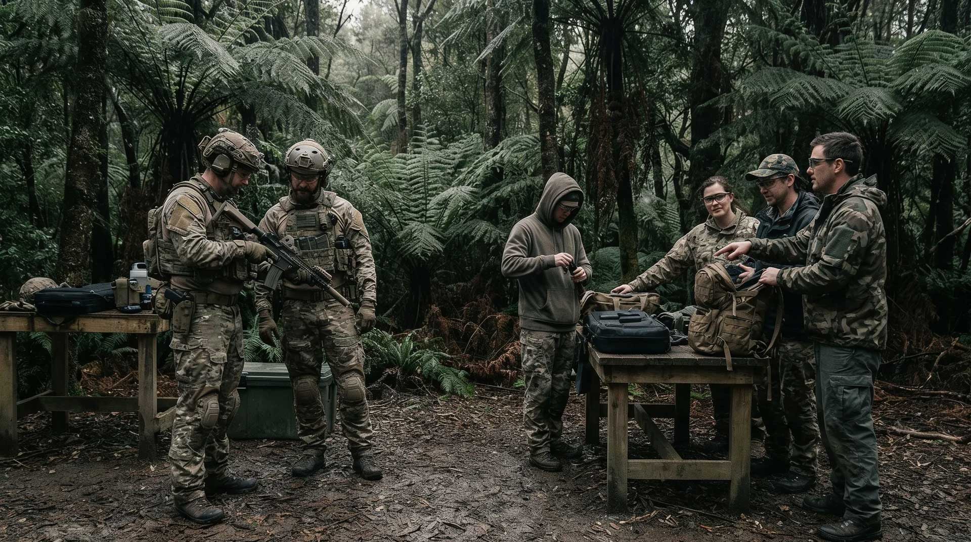 Group of New Zealand airsoft players at a field staging area between games
