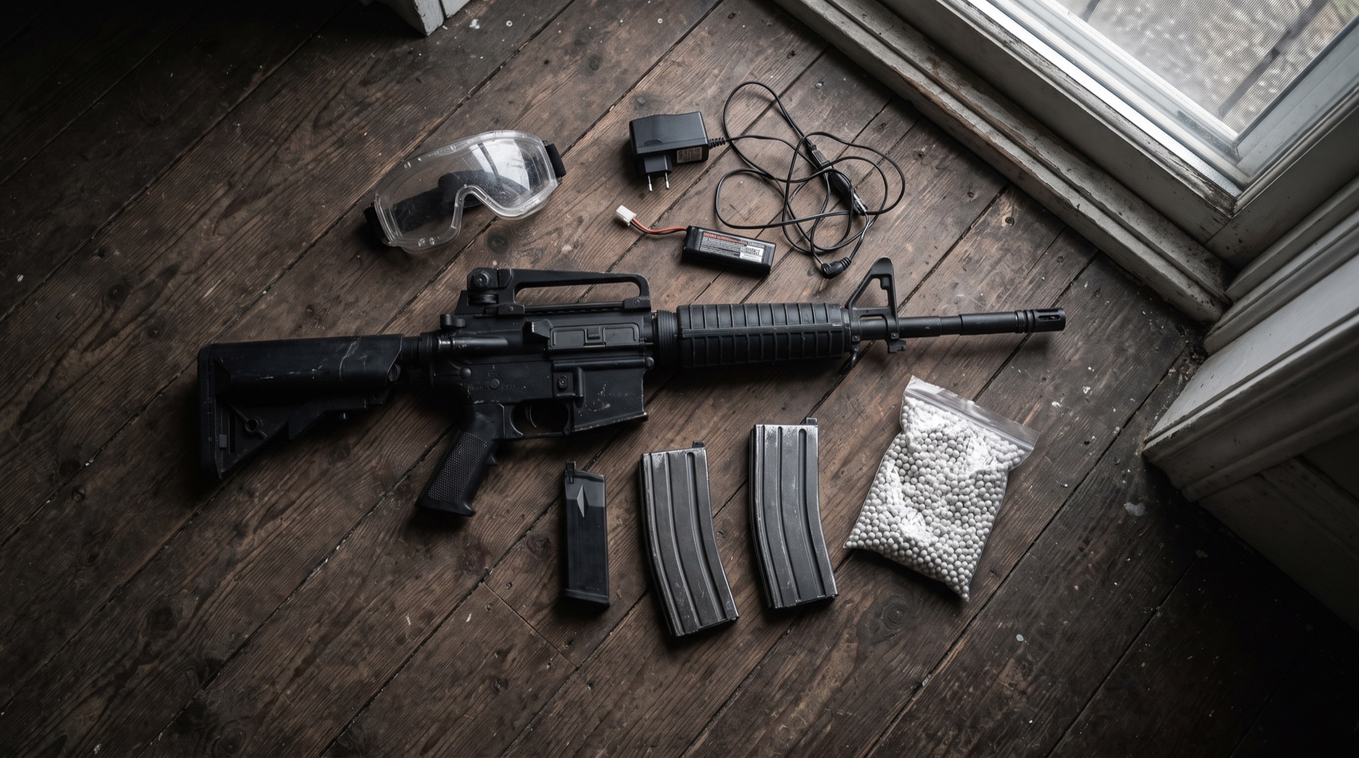A complete airsoft starter kit laid out: rifle, goggles, magazines, battery, charger and BBs