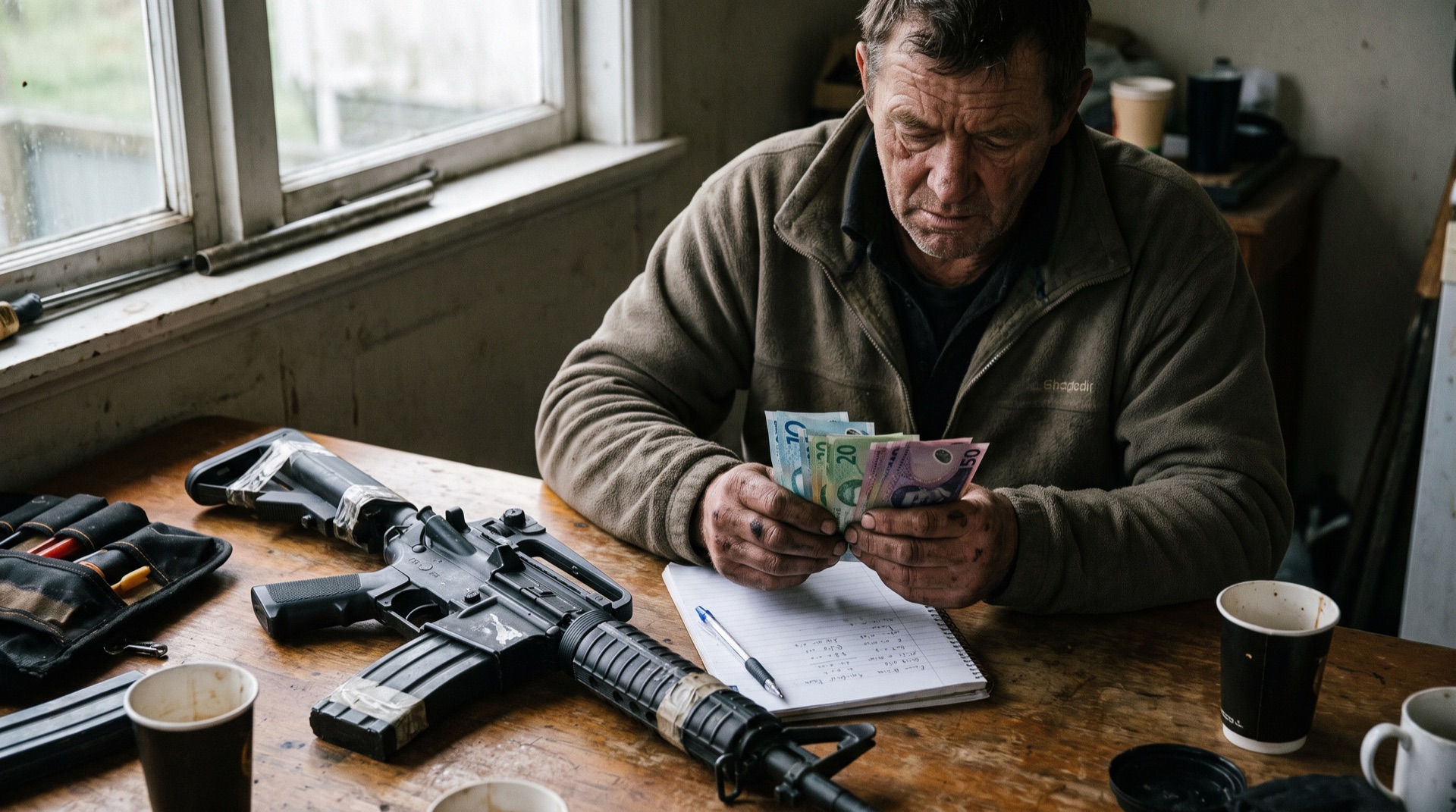 Airsoft player counting cash beside a second-hand rifle while working out a budget