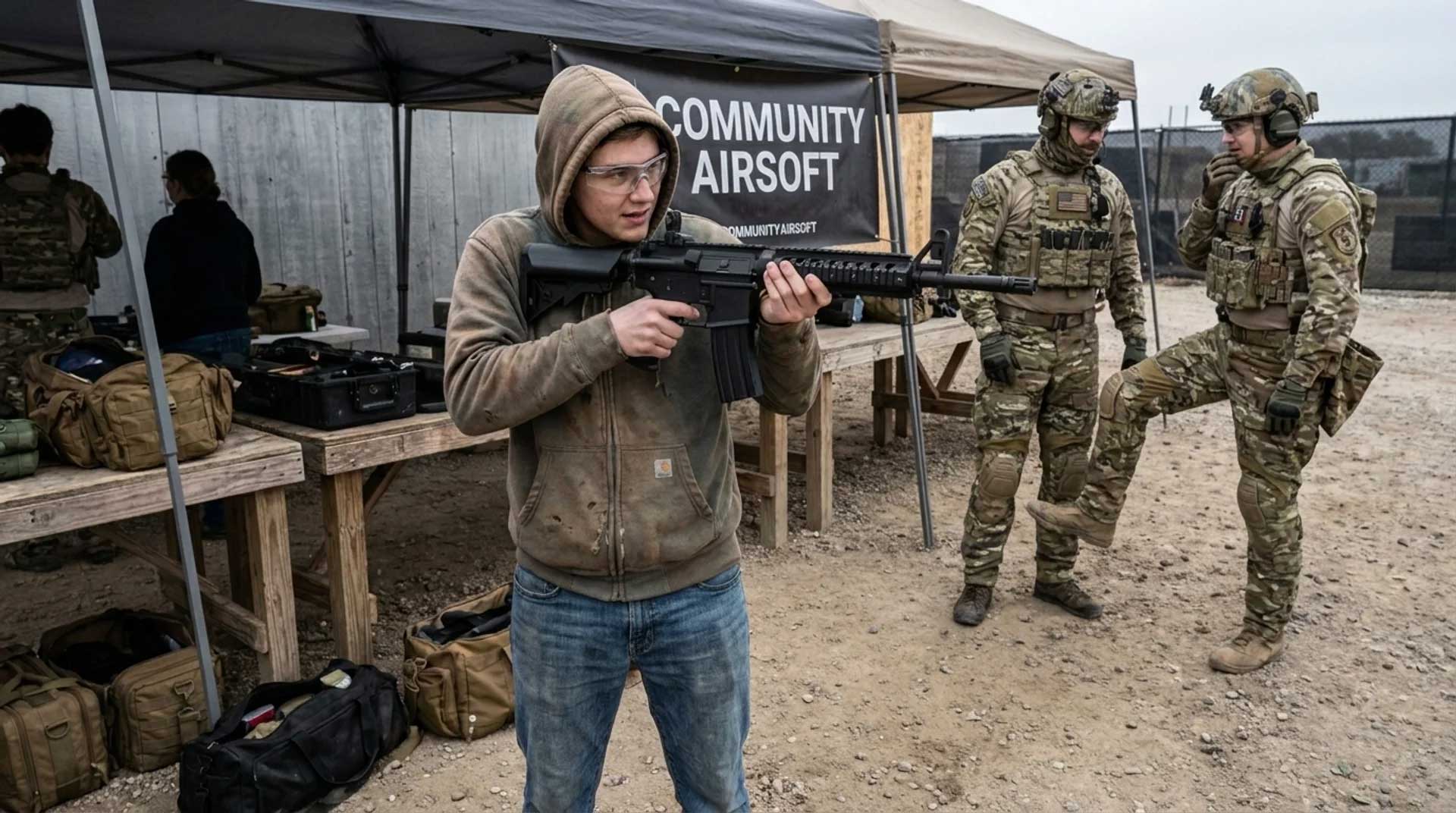 New airsoft player in casual clothing holding an AEG rifle at a field staging area