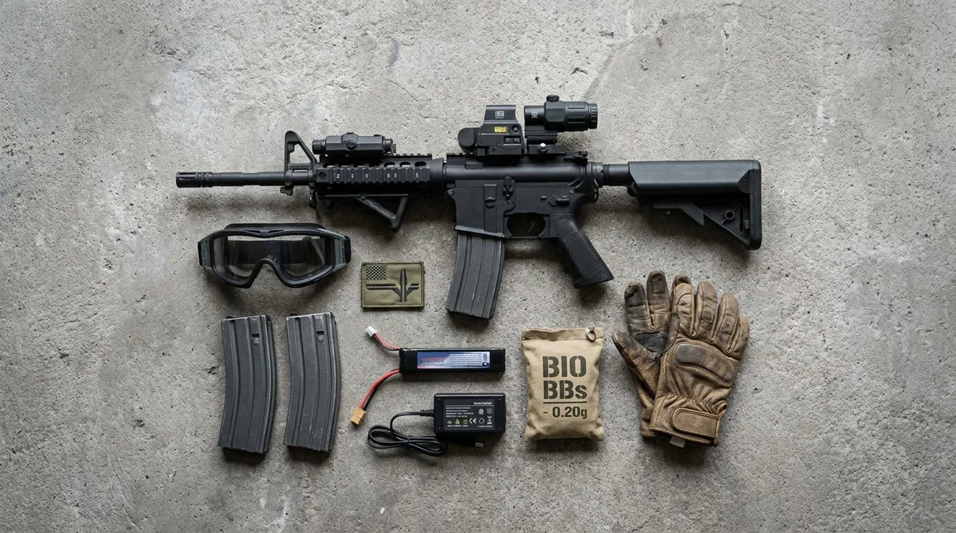 Flat-lay of a complete airsoft starter kit including AEG, goggles, magazines, battery and BBs