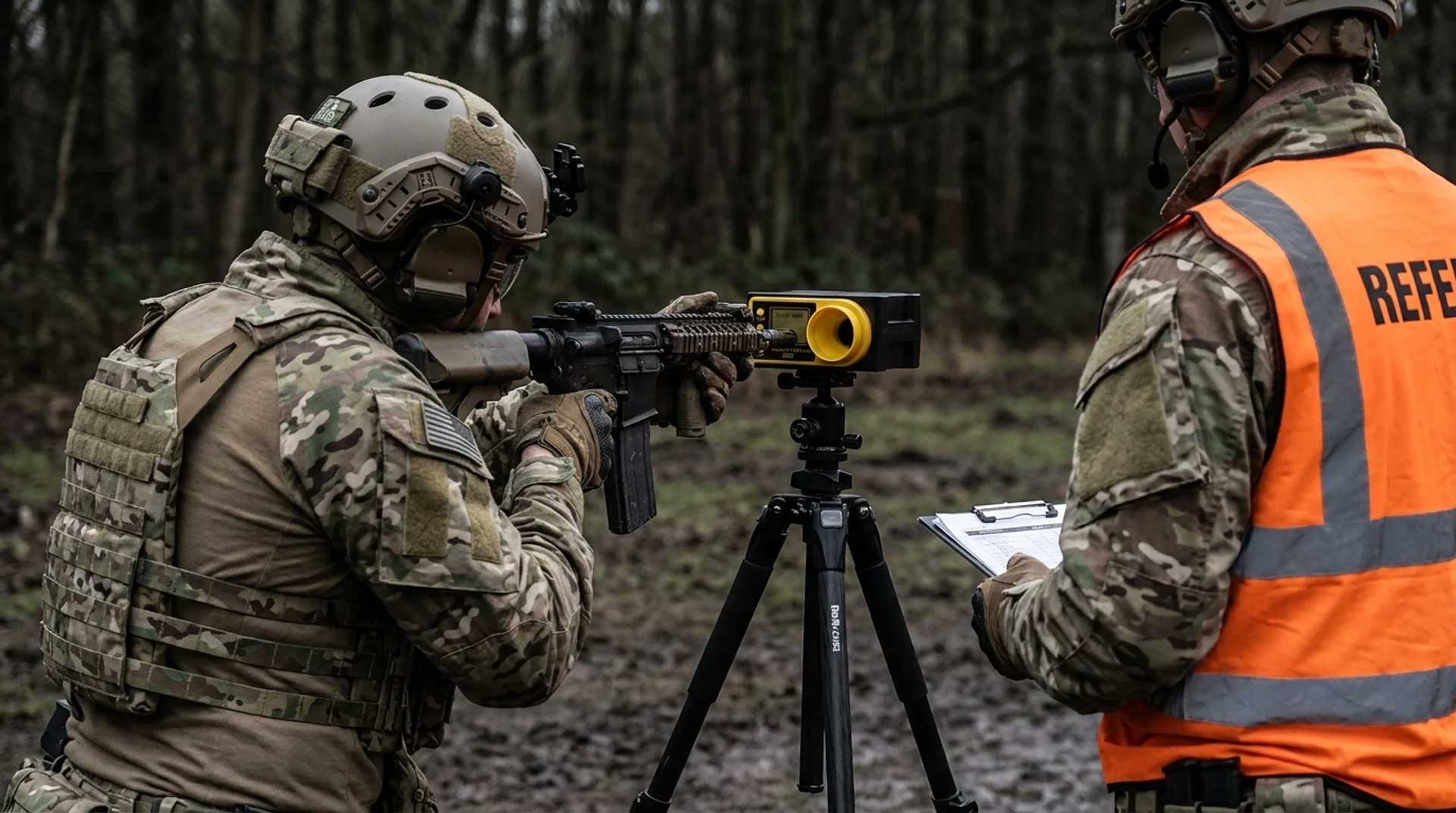 Airsoft player chronographing their AEG at a field staging area before play