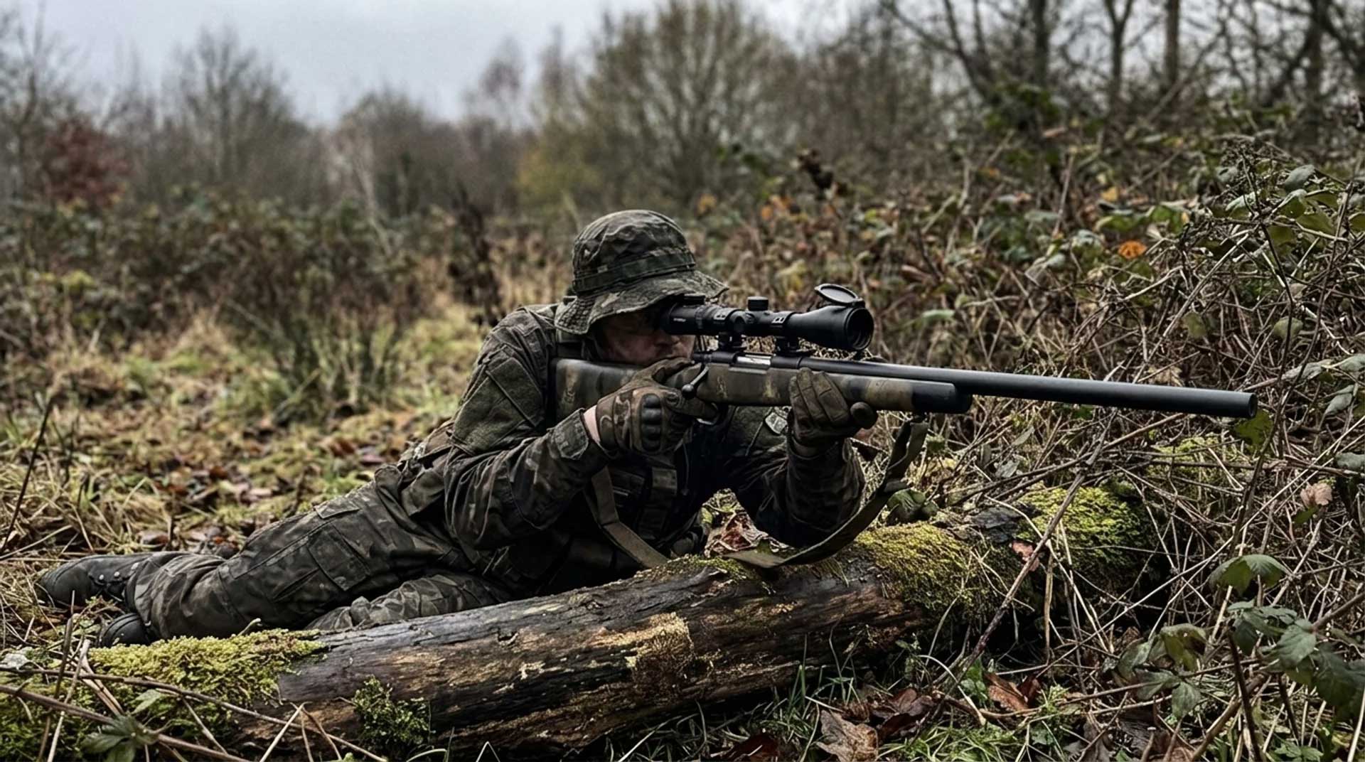 Bolt-action sniper player lying prone behind cover at an outdoor airsoft field