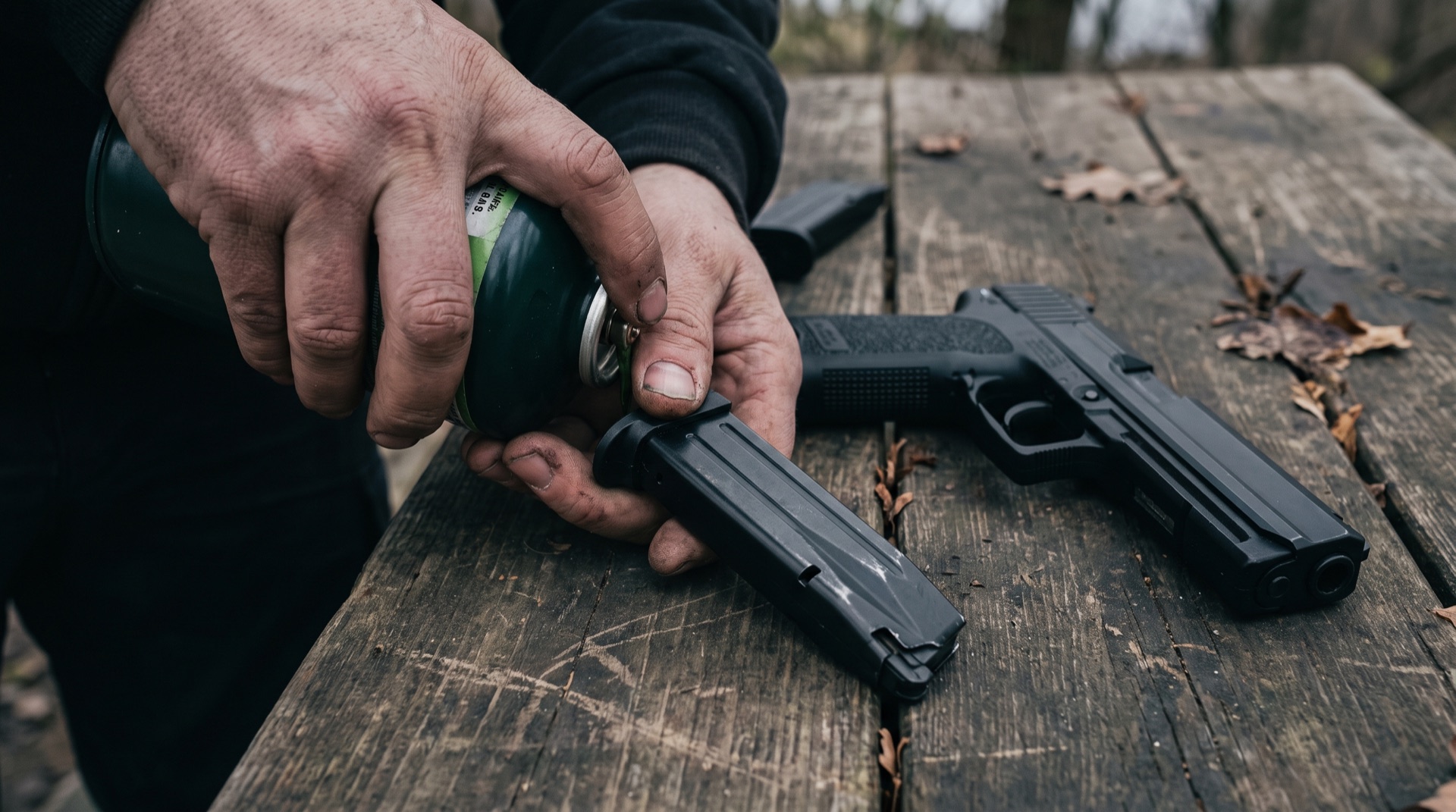 Airsoft player charging a gas magazine from a green gas canister on a table outdoors