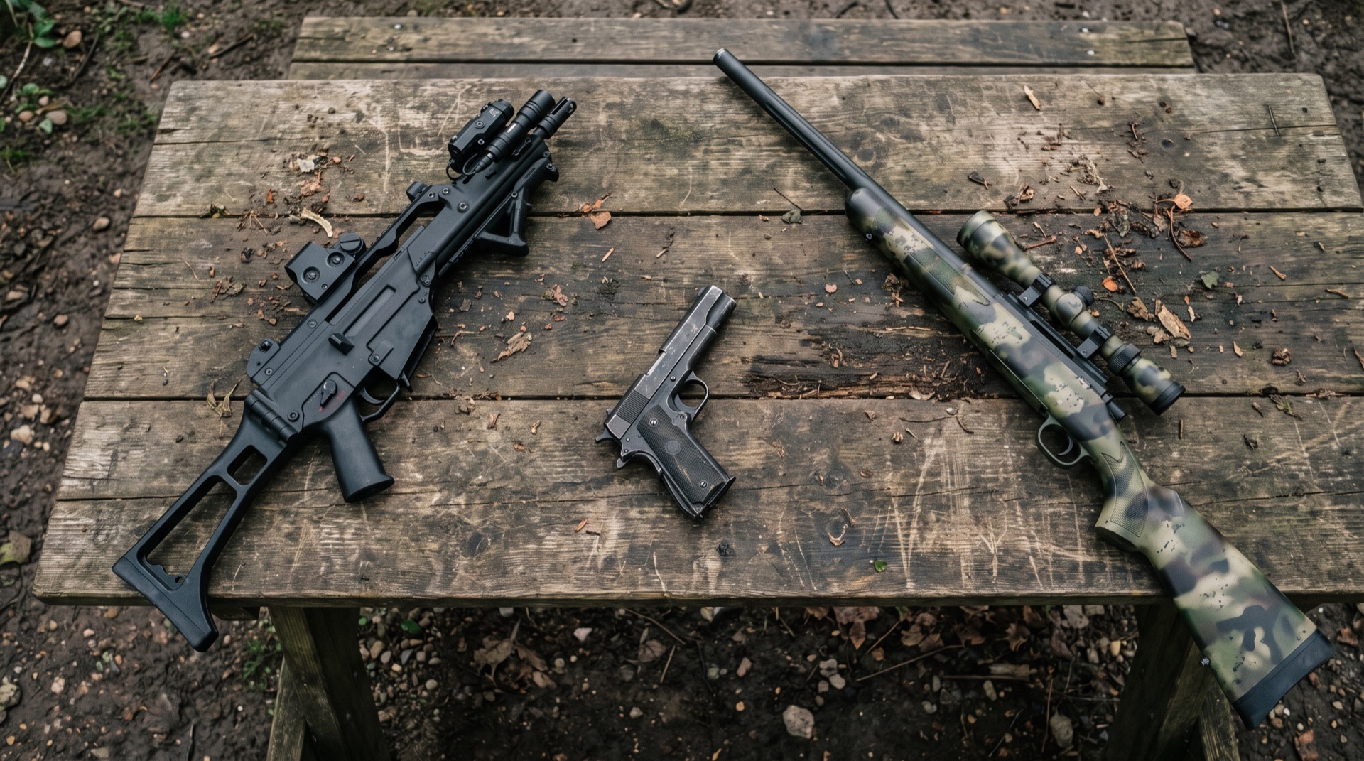 An electric rifle, a gas pistol and a spring rifle laid side by side on a wooden table
