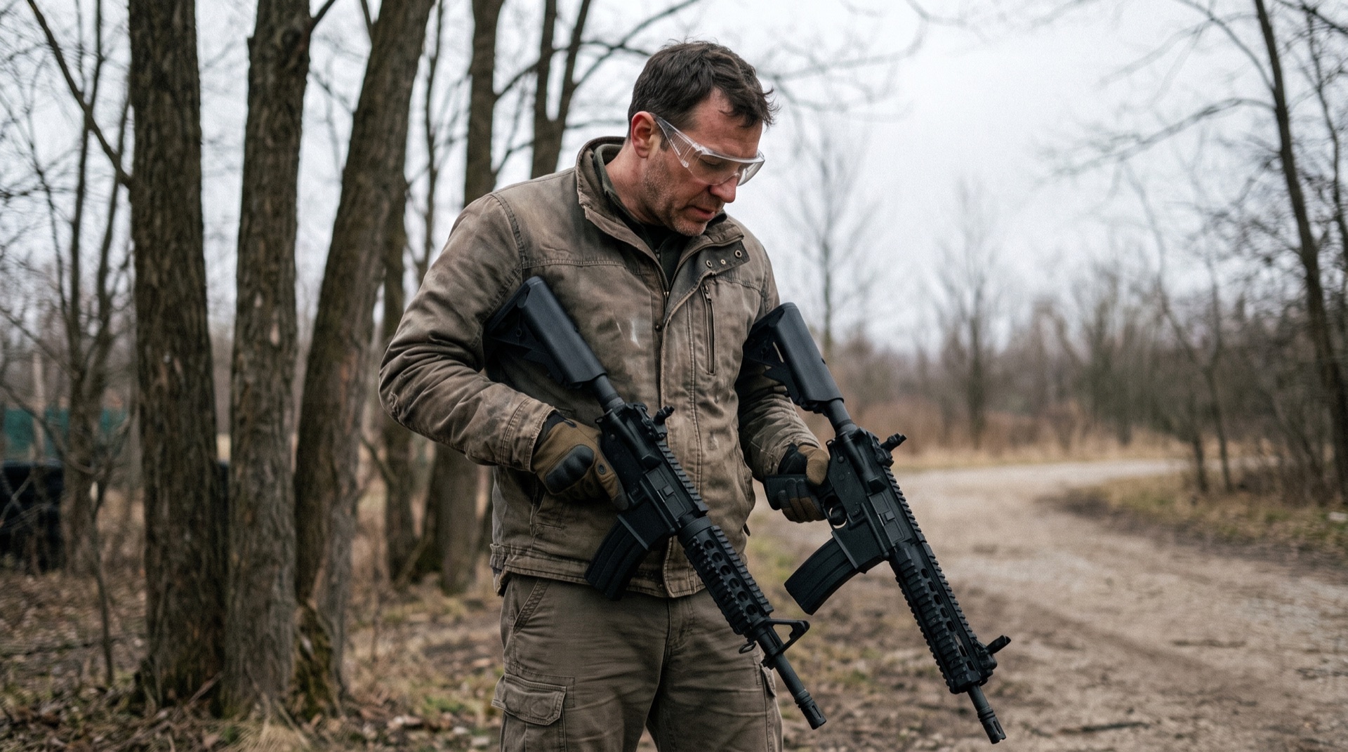 Airsoft player comparing two rifles, one in each hand, at an outdoor field