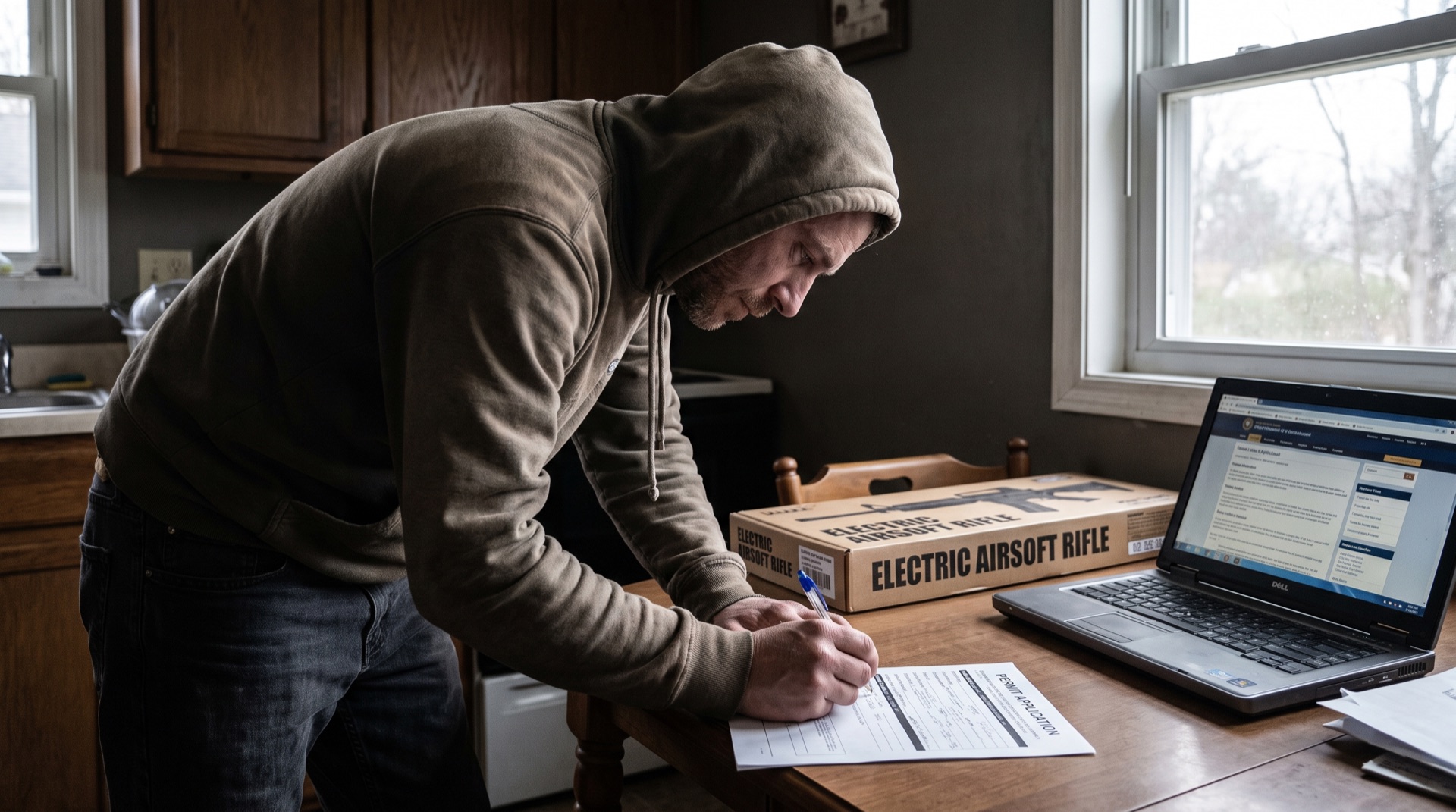 Airsoft player at a table filling out a permit form beside a boxed replica rifle and a laptop