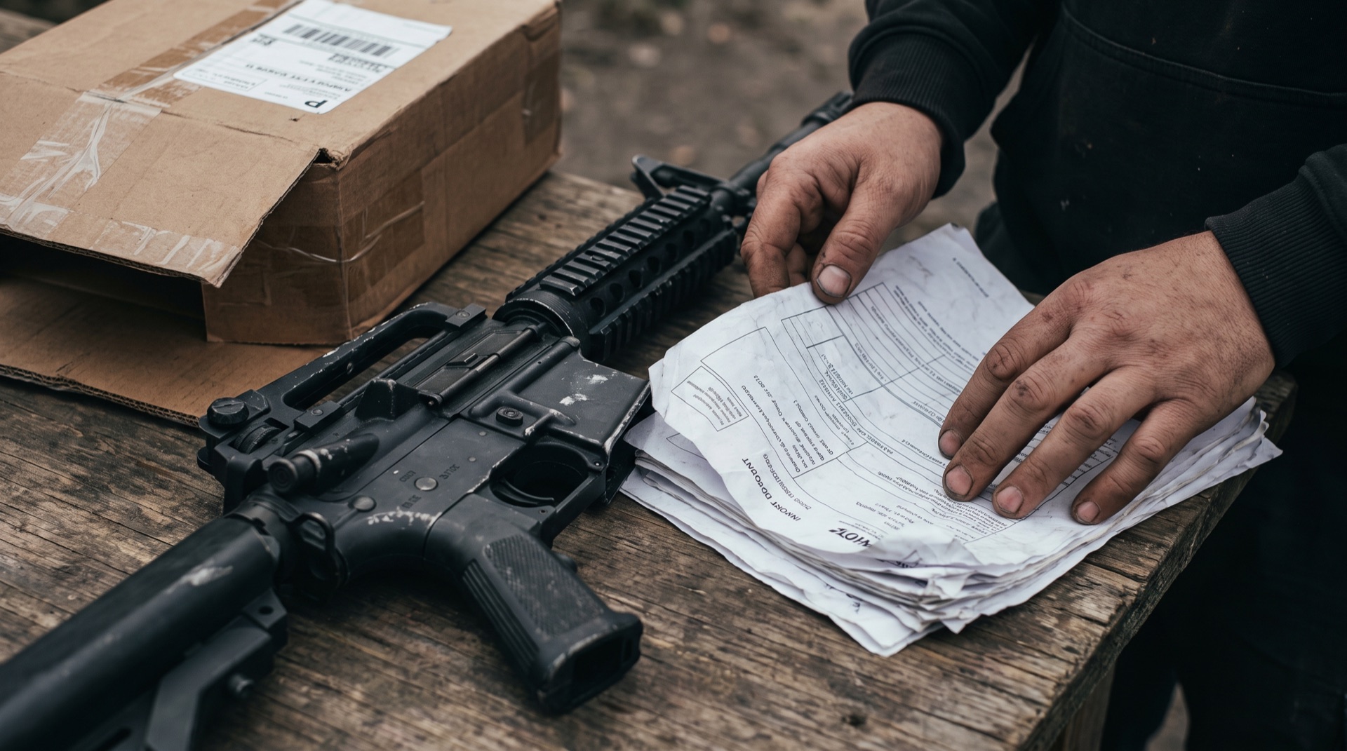 Airsoft replica rifle laid on a table beside printed import paperwork and a shipping box
