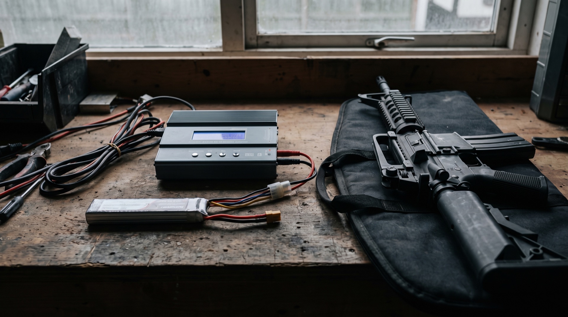 A LiPo battery connected to a balance charger on a workbench beside an airsoft rifle