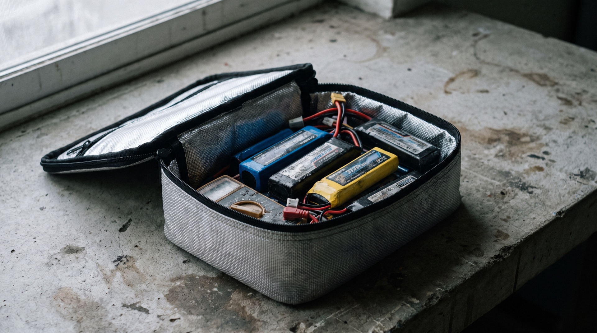 Several airsoft LiPo batteries stored in a fireproof charging safety bag