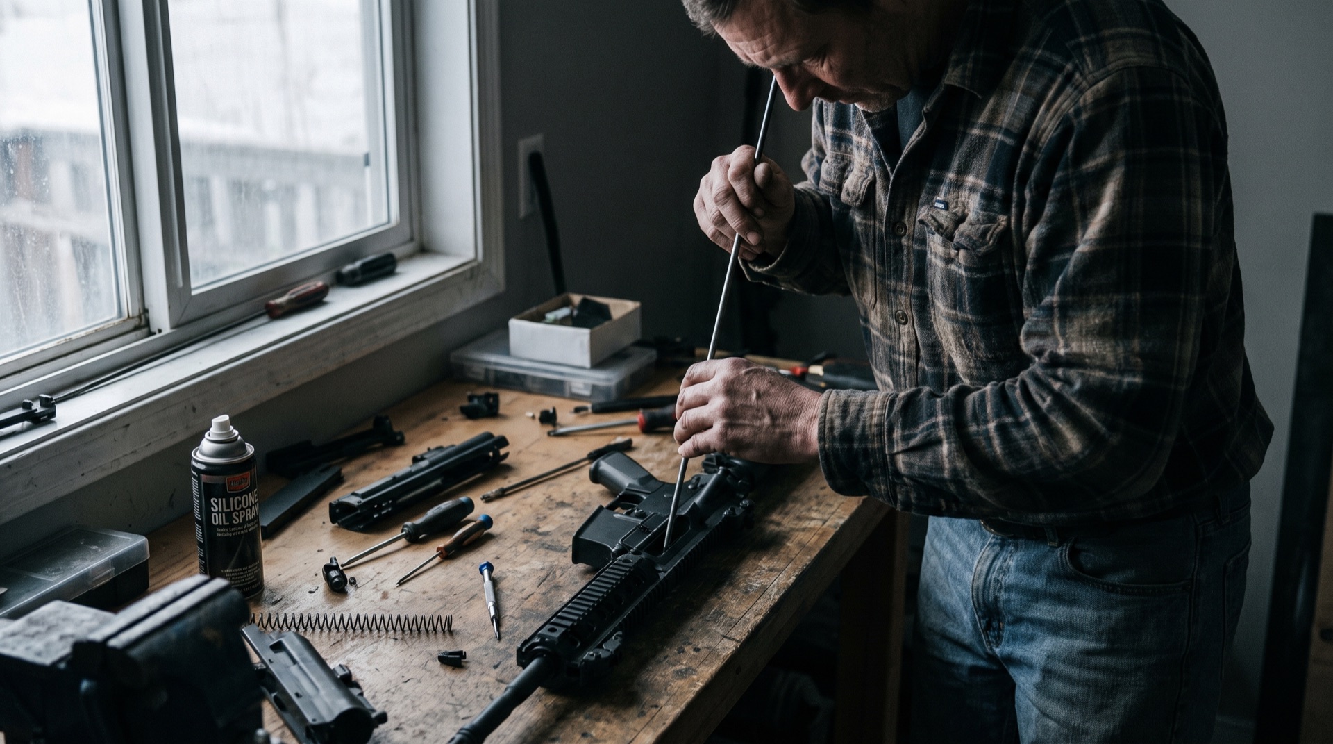 Airsoft player cleaning the barrel of a partly disassembled rifle on a workbench