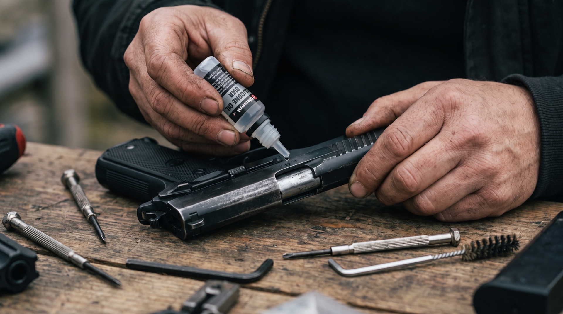 Close-up of hands applying silicone oil to the slide of an airsoft gas pistol