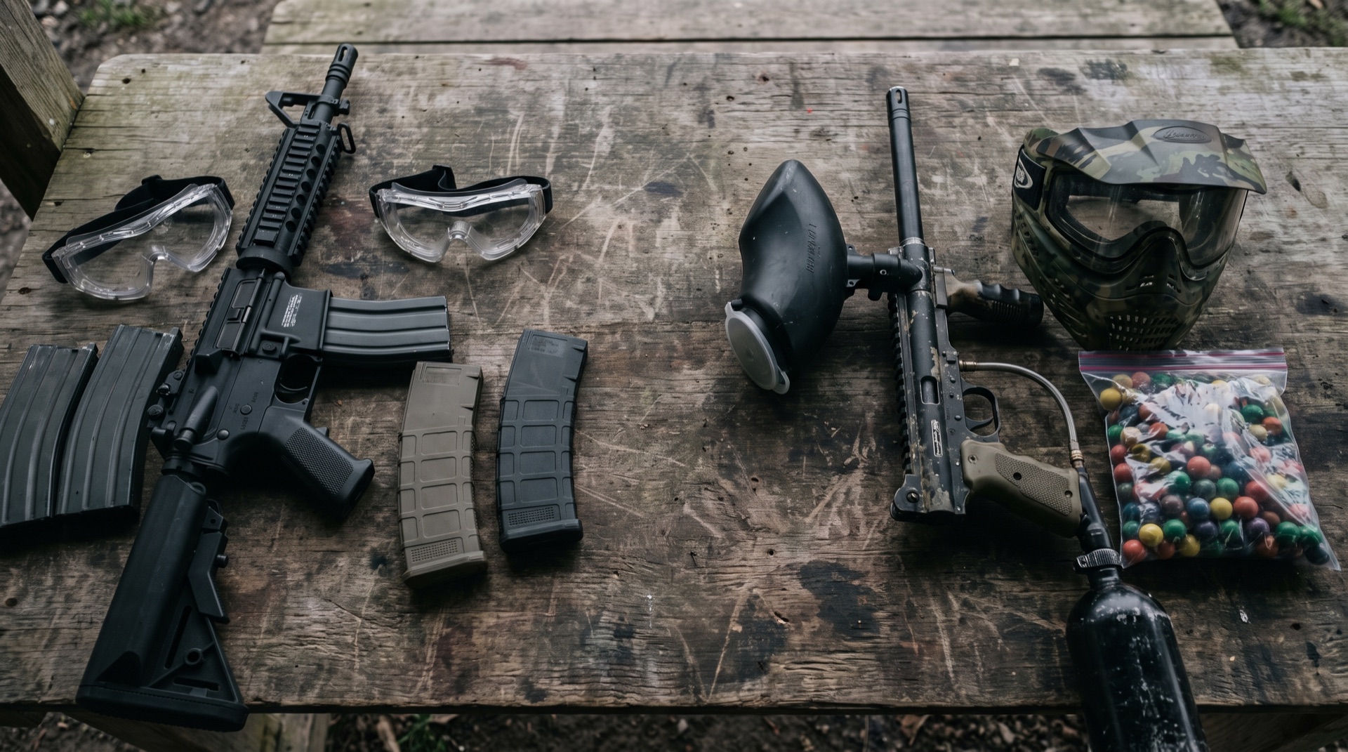 Airsoft gear and paintball gear laid side by side on a table for comparison