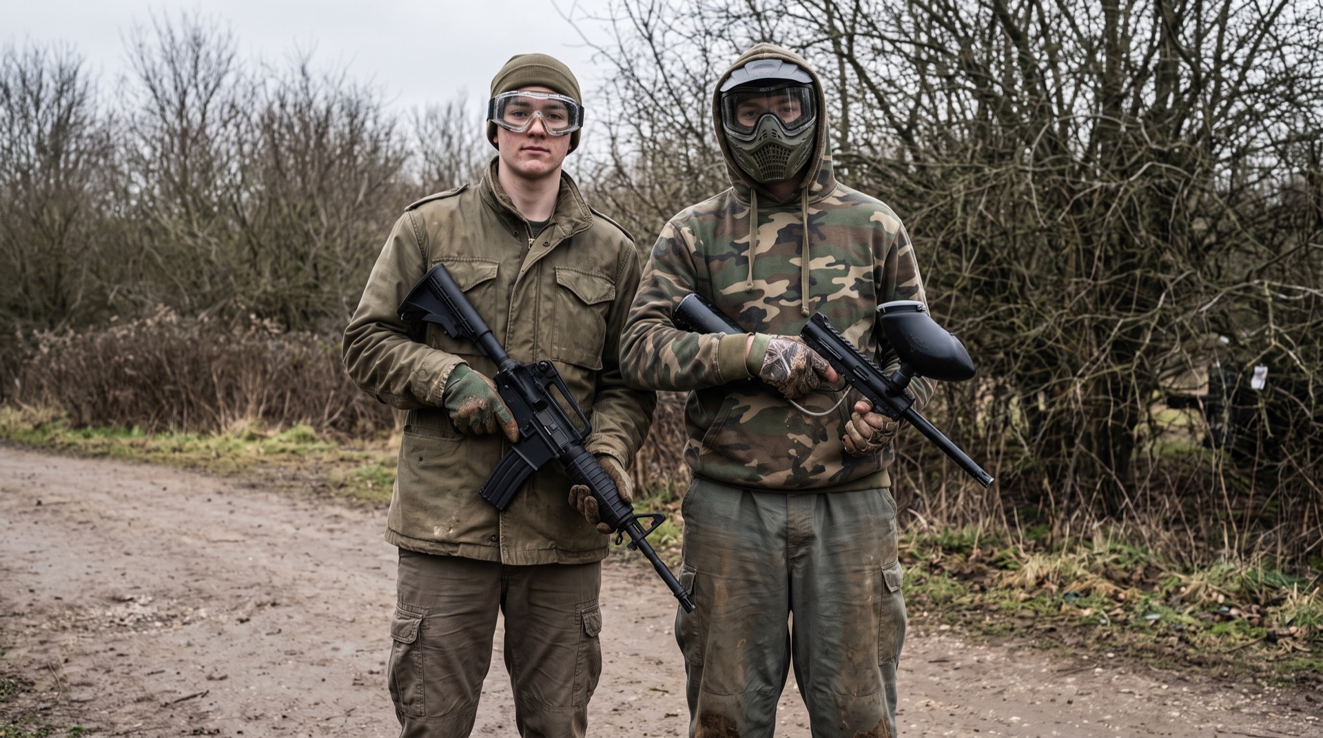 Two players at a field, one holding an airsoft rifle and one holding a paintball marker, both in protective masks