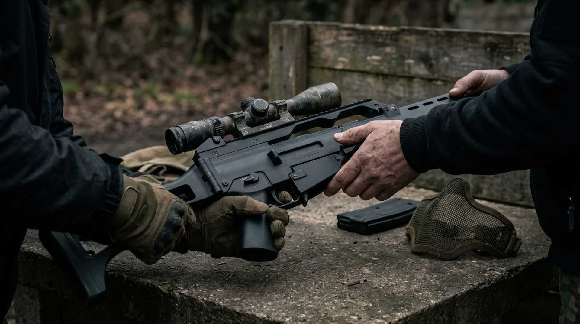 Close-up of hands inspecting an airsoft replica before exchanging payment