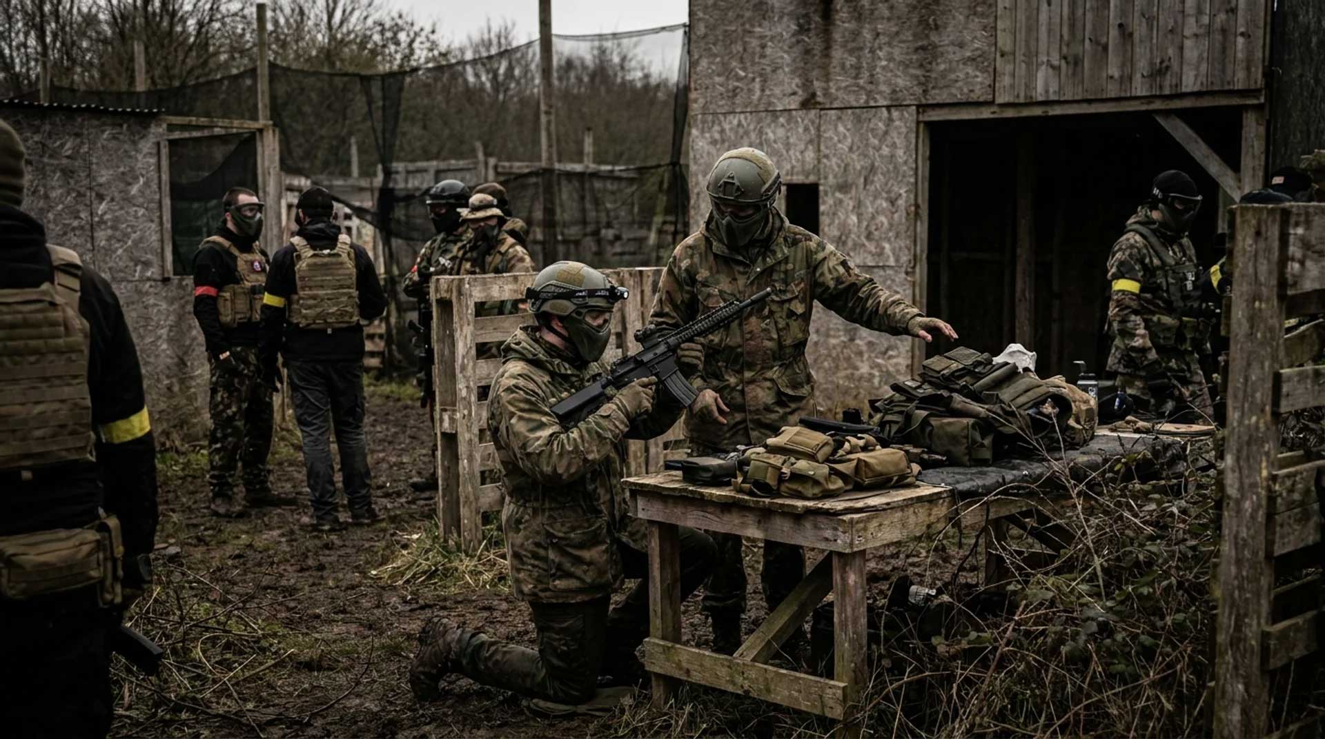 Two players at an airsoft field inspecting a replica before completing a trade