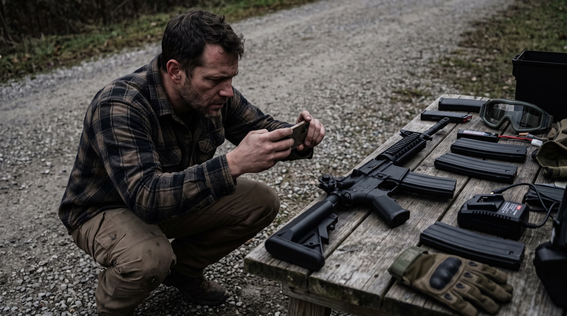 Airsoft player crouched down photographing their rifle laid out for a marketplace listing
