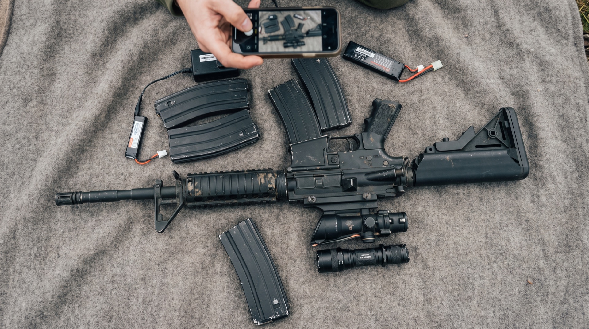 Airsoft rifle laid out neatly with magazines and accessories arranged for a listing photo