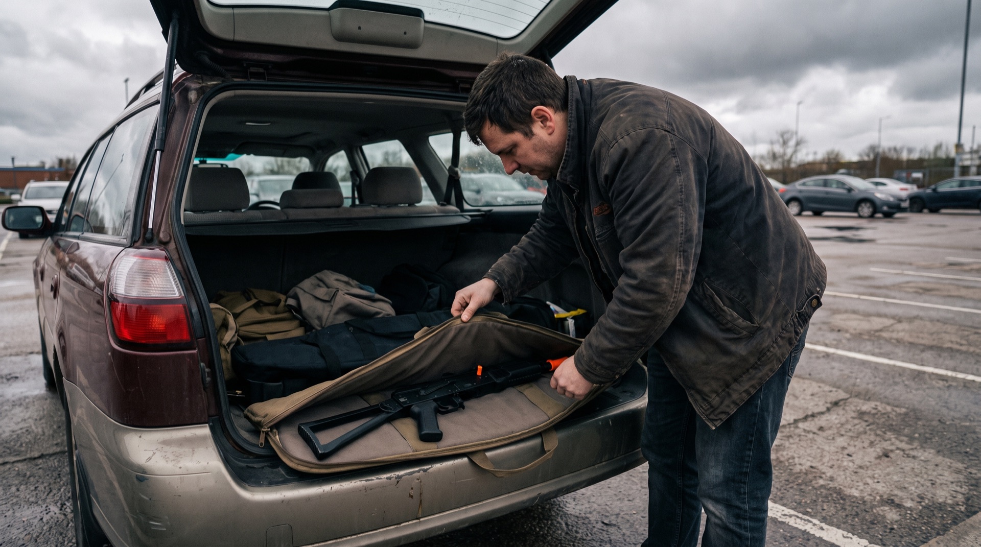 Airsoft player zipping a replica rifle into a padded case in the boot of a car