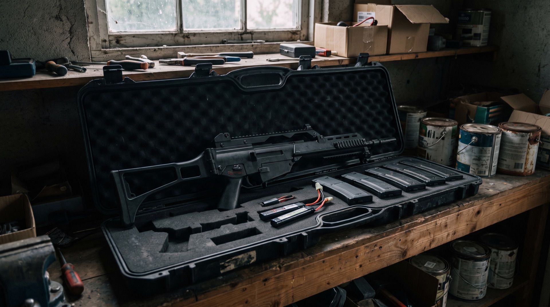 Airsoft rifle stored in an open hard case on a garage shelf with magazines and a battery beside it