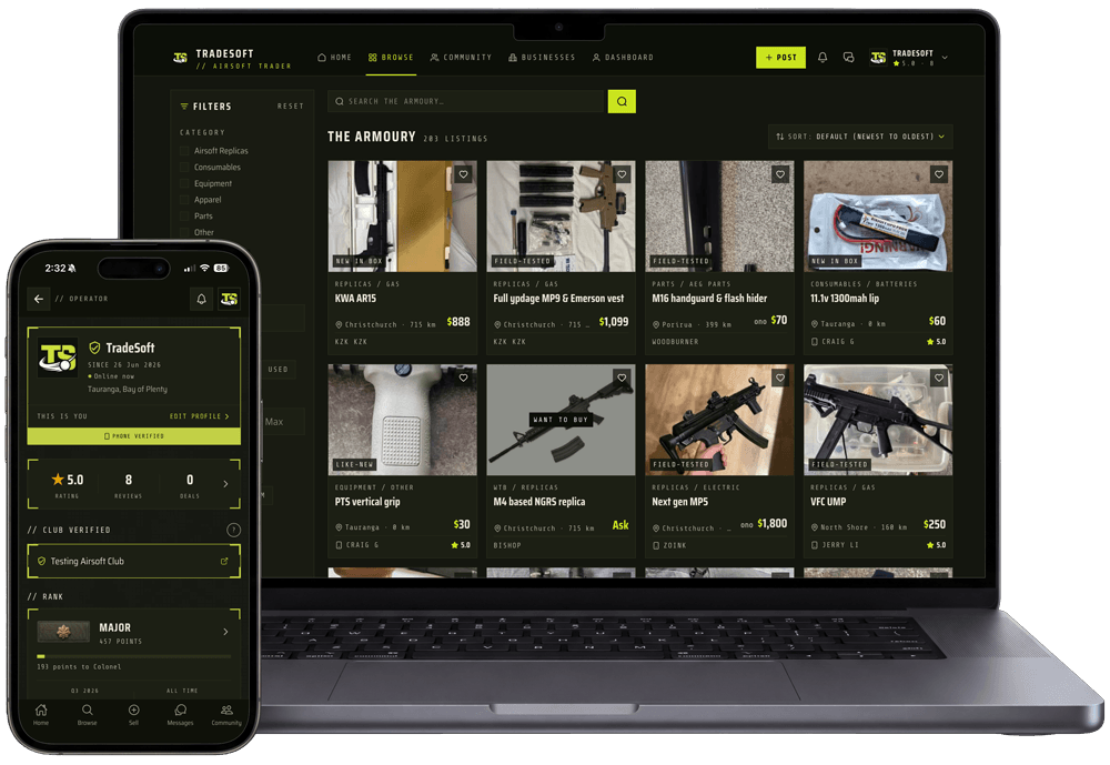 The TradeSoft web app showing the Armoury browse page on a laptop, with a trader profile open in the mobile app alongside it