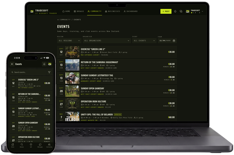 The TradeSoft events page open in the web app on a laptop, with the same events listed in the mobile app alongside it