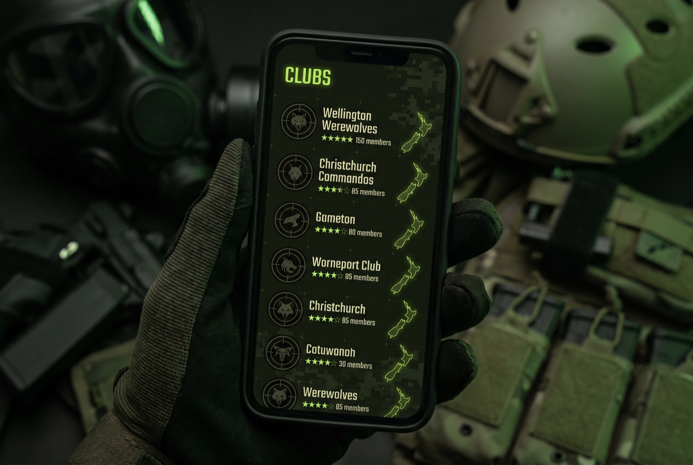 A TradeSoft club directory on a phone listing airsoft clubs with emblems, ratings and member counts
