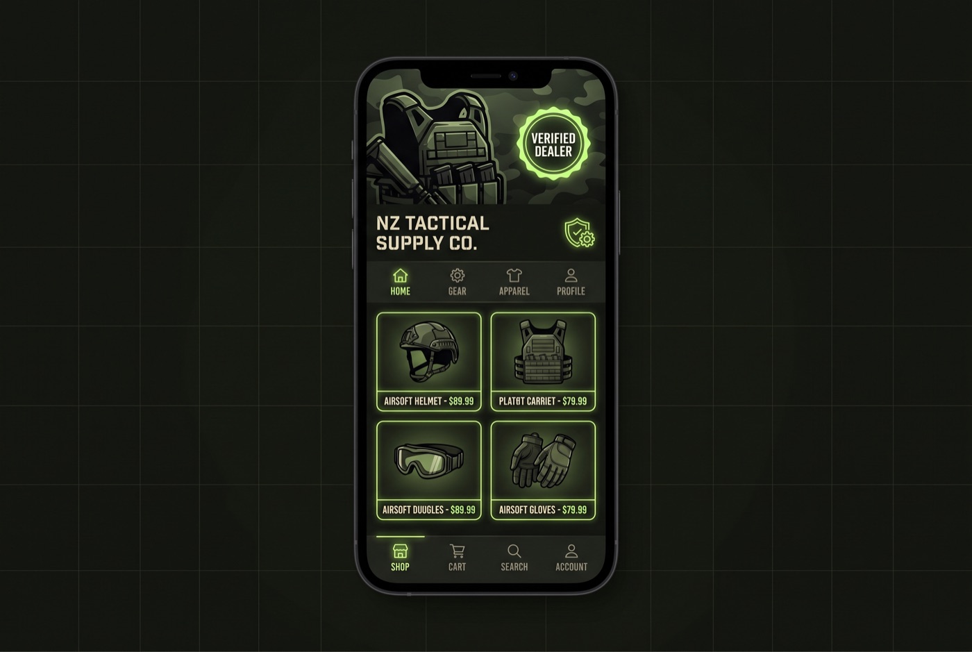 A TradeSoft dealer storefront profile on a phone with a verified dealer badge and a grid of gear