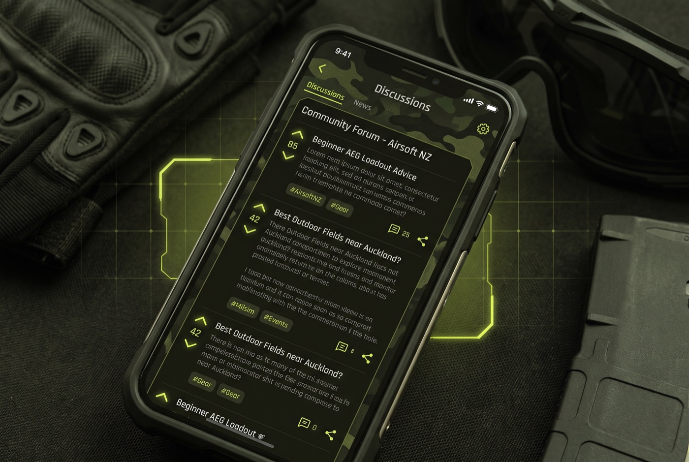 A Reddit-style discussions area for the airsoft community on a phone
