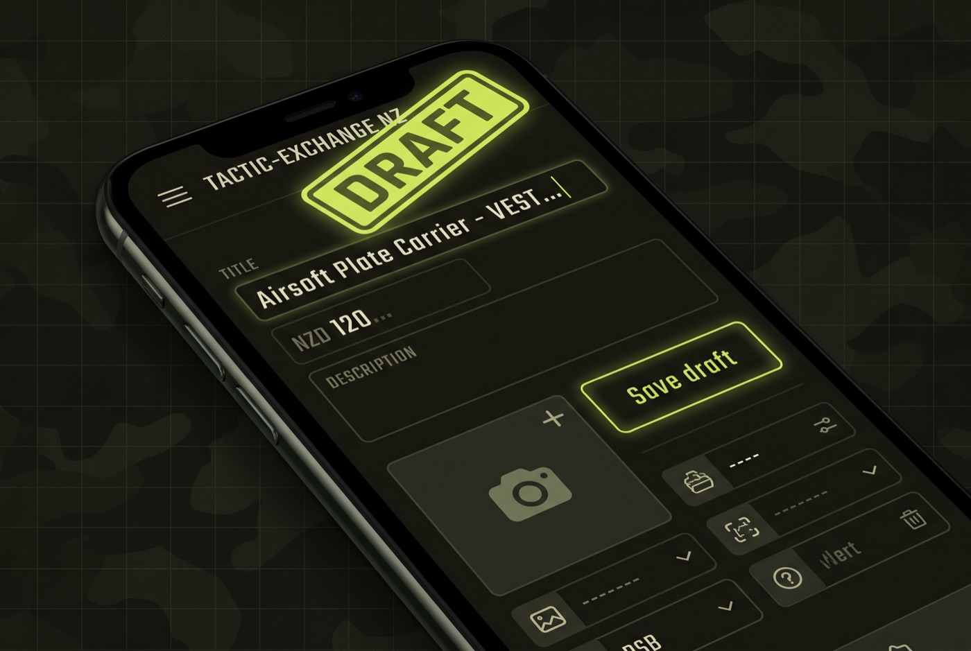 A half-composed TradeSoft listing on a phone with a draft tag and save-draft button