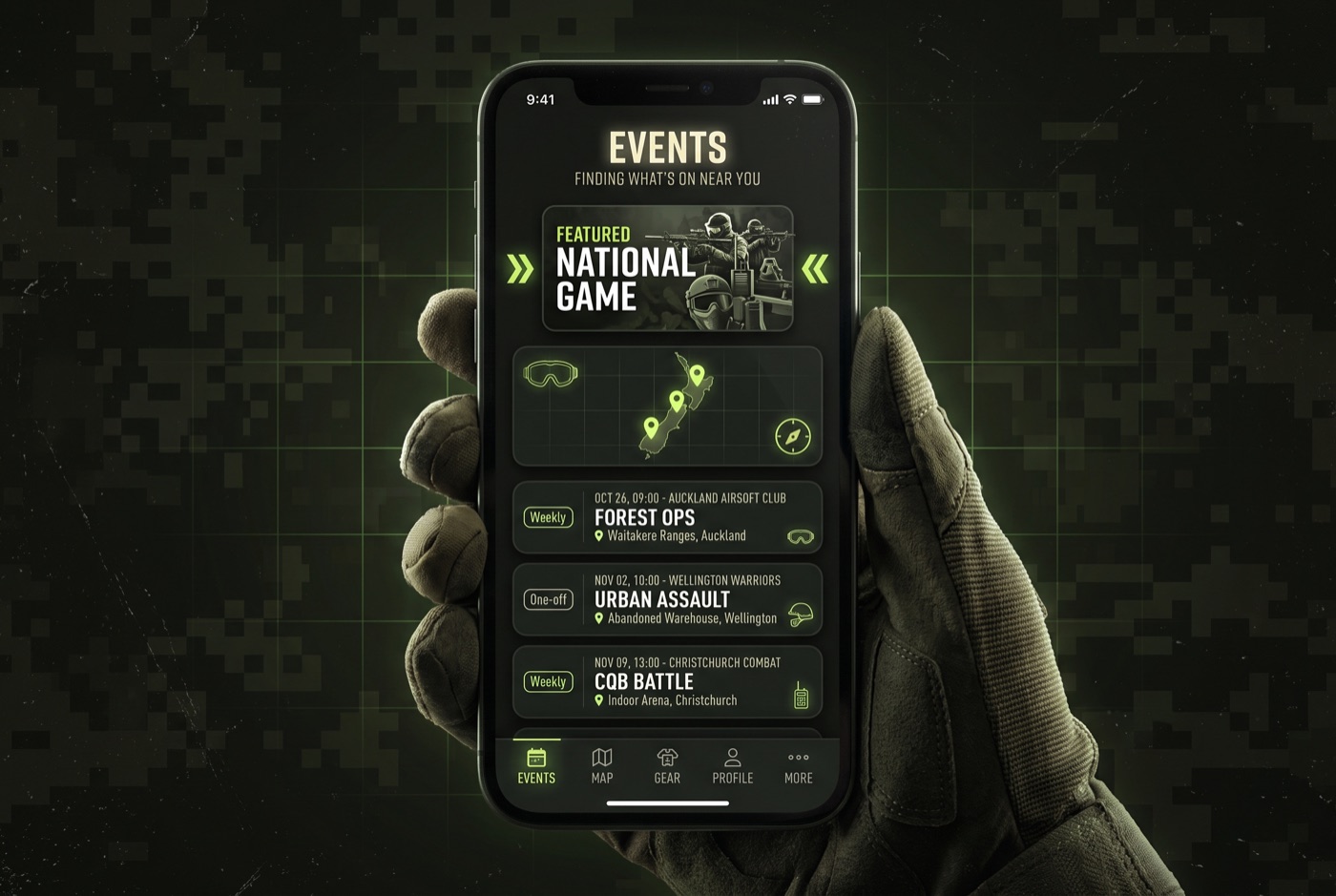 A TradeSoft events screen on a phone listing upcoming airsoft games with dates, locations and a featured national game