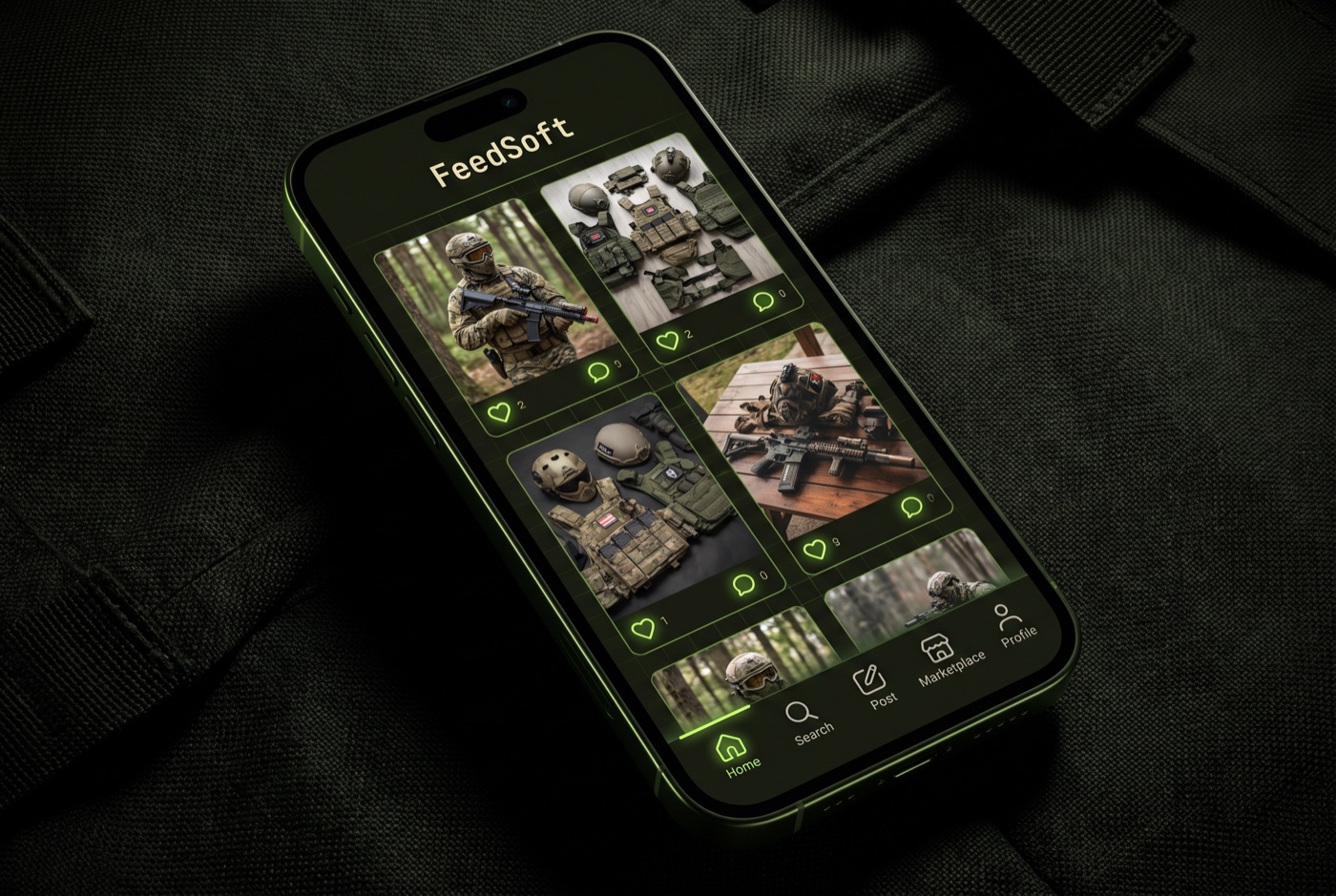 FeedSoft, an Instagram-style community wall of airsoft photos on a phone
