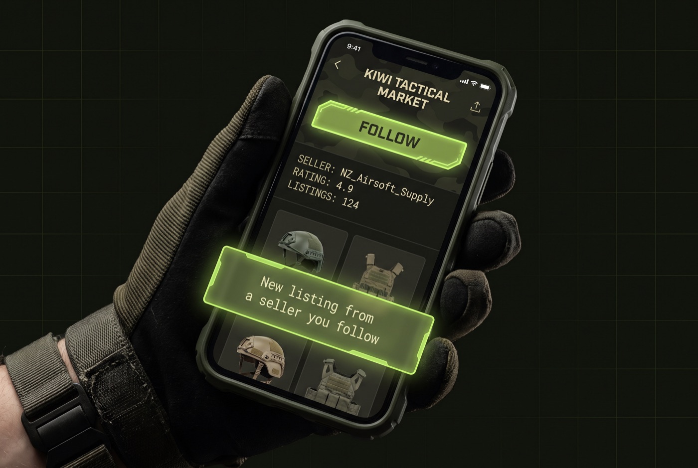 A TradeSoft seller profile on a phone with a follow button and a new-listing notification