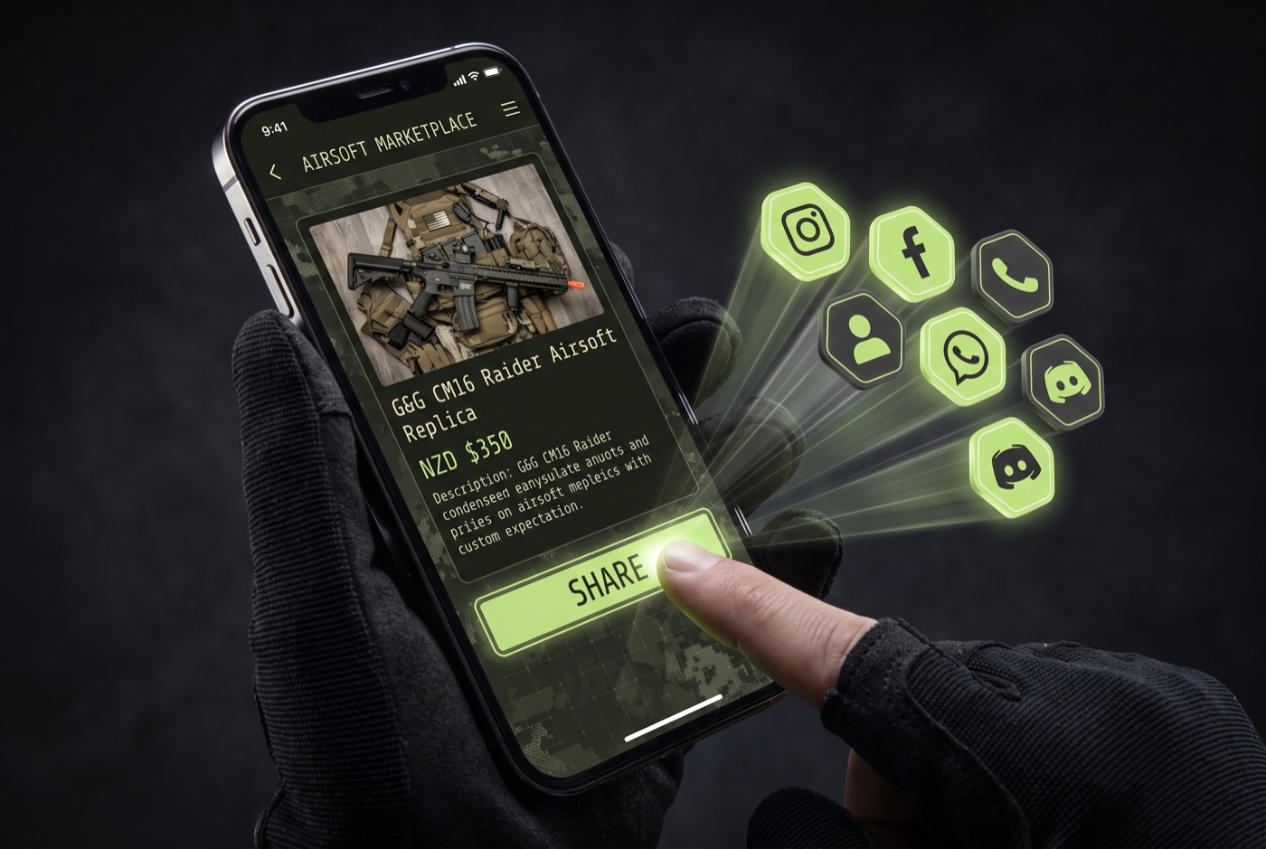 A TradeSoft airsoft listing on a phone with the share button tapped and a share sheet fanning out