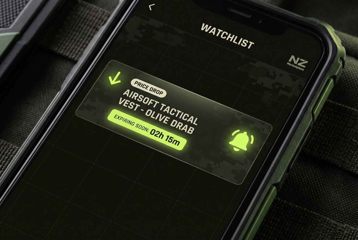 A TradeSoft watchlist on a phone with price-drop and expiring-soon alerts